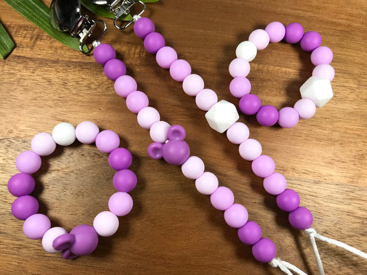 Silicone Pacifier Clip & Teething Bracelet - Shades of Purple