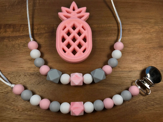 Silicone Pacifier Clip & Teething Necklace W/ Pineapple Teether