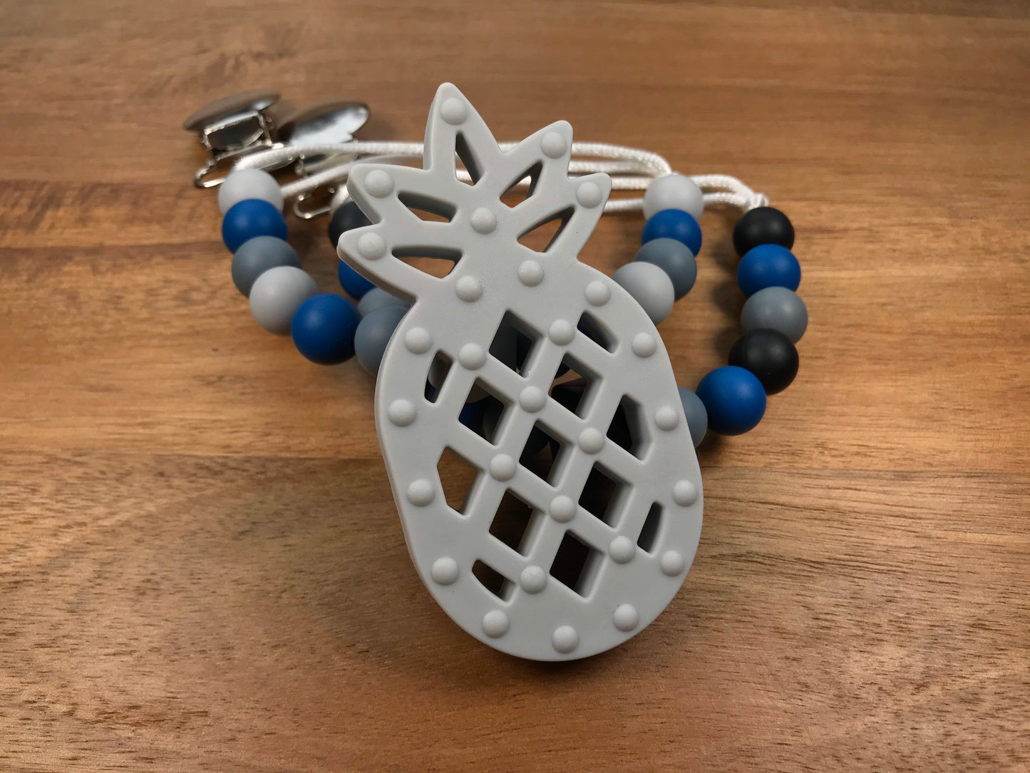 Silicone Bead Pacifier Clip & Pineapple Teether - Blue and Grey