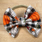 Textured Baby Bow Nylon Headbands - Fall Plaid Pumpkin