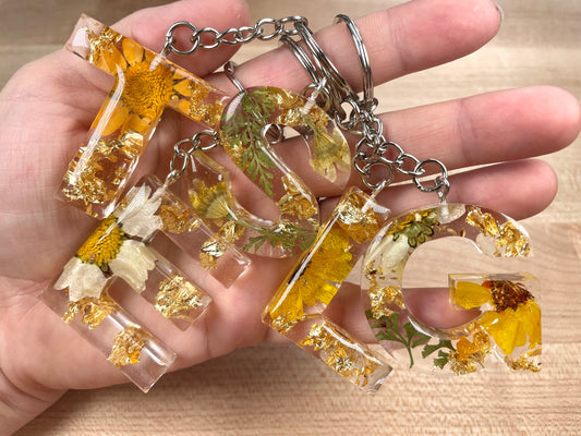 Resin Letter Keychain - Floral & Gold Flakes