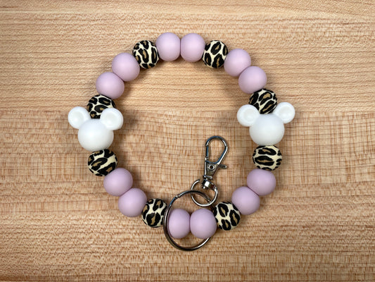 Silicone Bead Keychain Wristlet - Pastel Purple Leopard