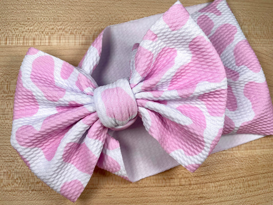 Oversized Baby Girl Bow Headwrap - Pink Cow Print