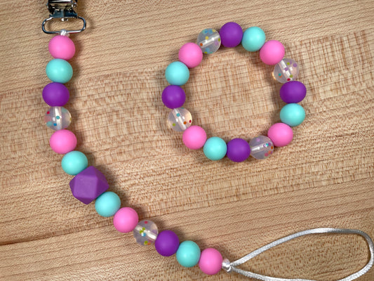 Silicone Pacifier Clip & Teething Bracelet - Cotton Candy Confetti