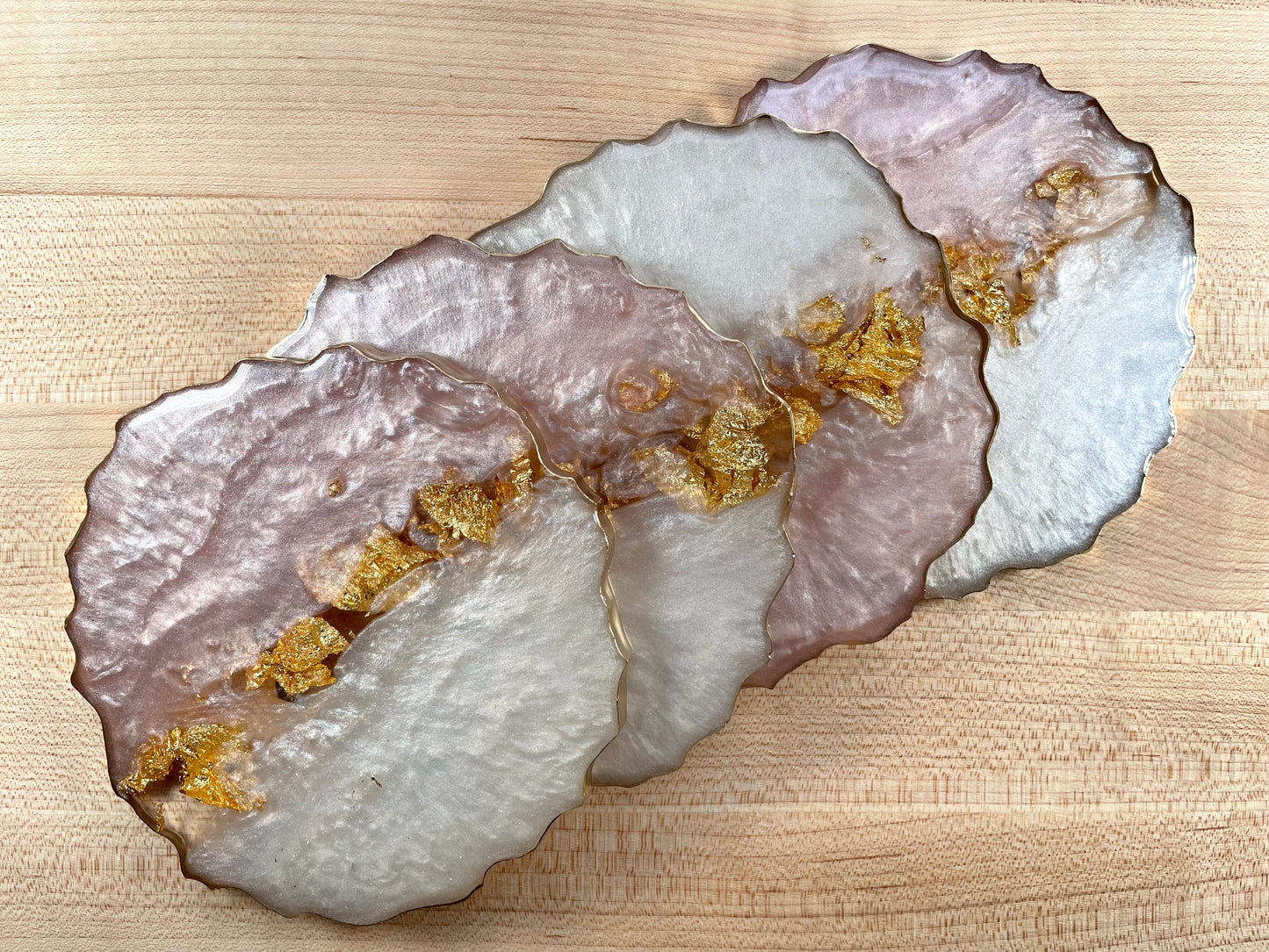 Resin Coasters - Pink & White w/ Gold Leaf